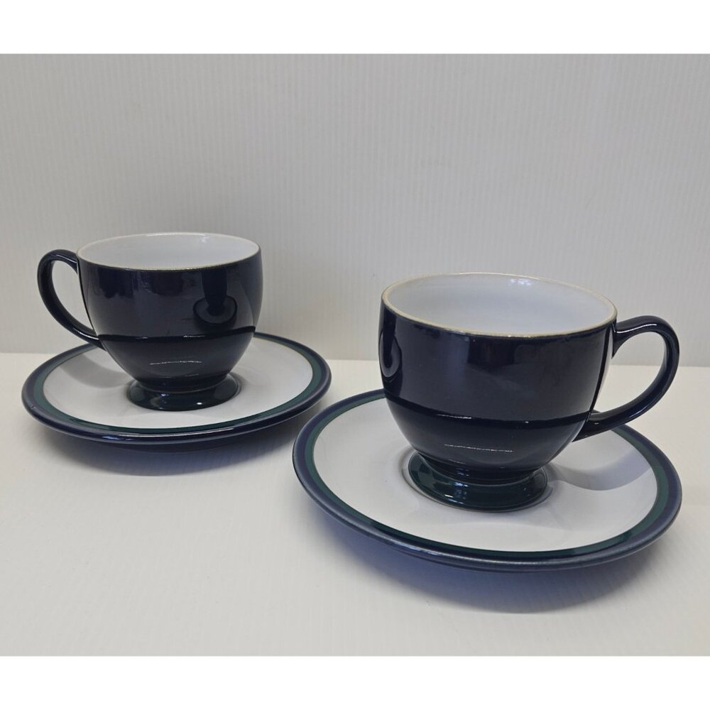 Denby-Langley REGATTA Set of 2 Footed Cups and Saucers Cobalt Blue and Green
